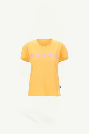 Bright yellow short-sleeve T-shirt with pink 'MARGIE' lettering on the front, on a white background.
