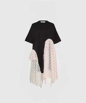 Black oversized T-shirt with attached sheer polka-dot scarves draped at the sides in white with pink dots and gray with black dots.