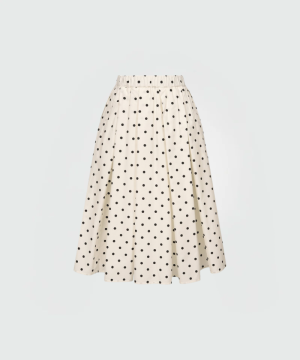 Cream midi skirt with black polka dots and an elastic waistband, full and flowy.