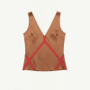Brown satin sleeveless V-neck top with red crisscross straps across the back.