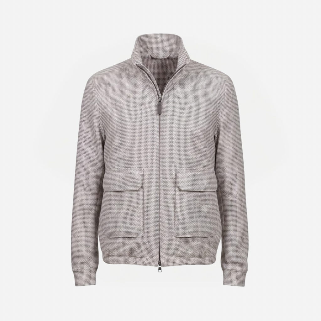 Light gray checkered zip-up jacket with stand collar and two front pockets