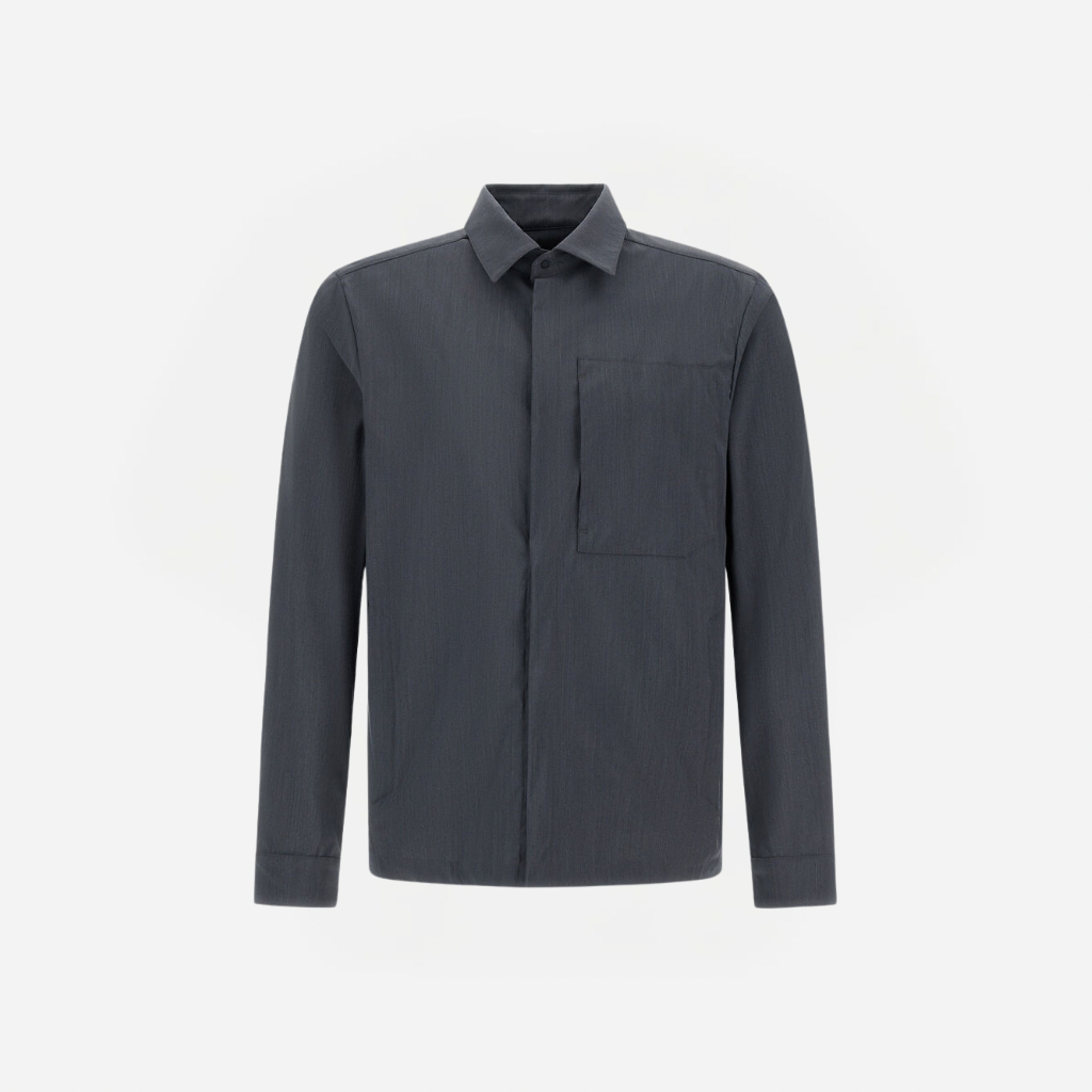 Dark gray button-down shirt with a single chest pocket and long sleeves, plain front.