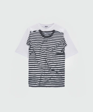 Striped black-and-white short-sleeve tee with white long sleeves peeking from beneath, brand MSGM visible at neck tag