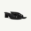 Black leather open-toe sandals with chunky block heel and wide straps, side view on white background.