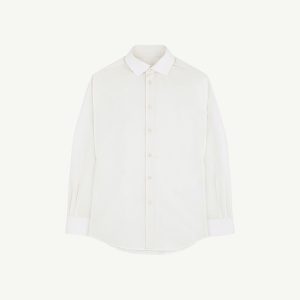 White button-down shirt displayed on a pale background, cropped at the chest area.