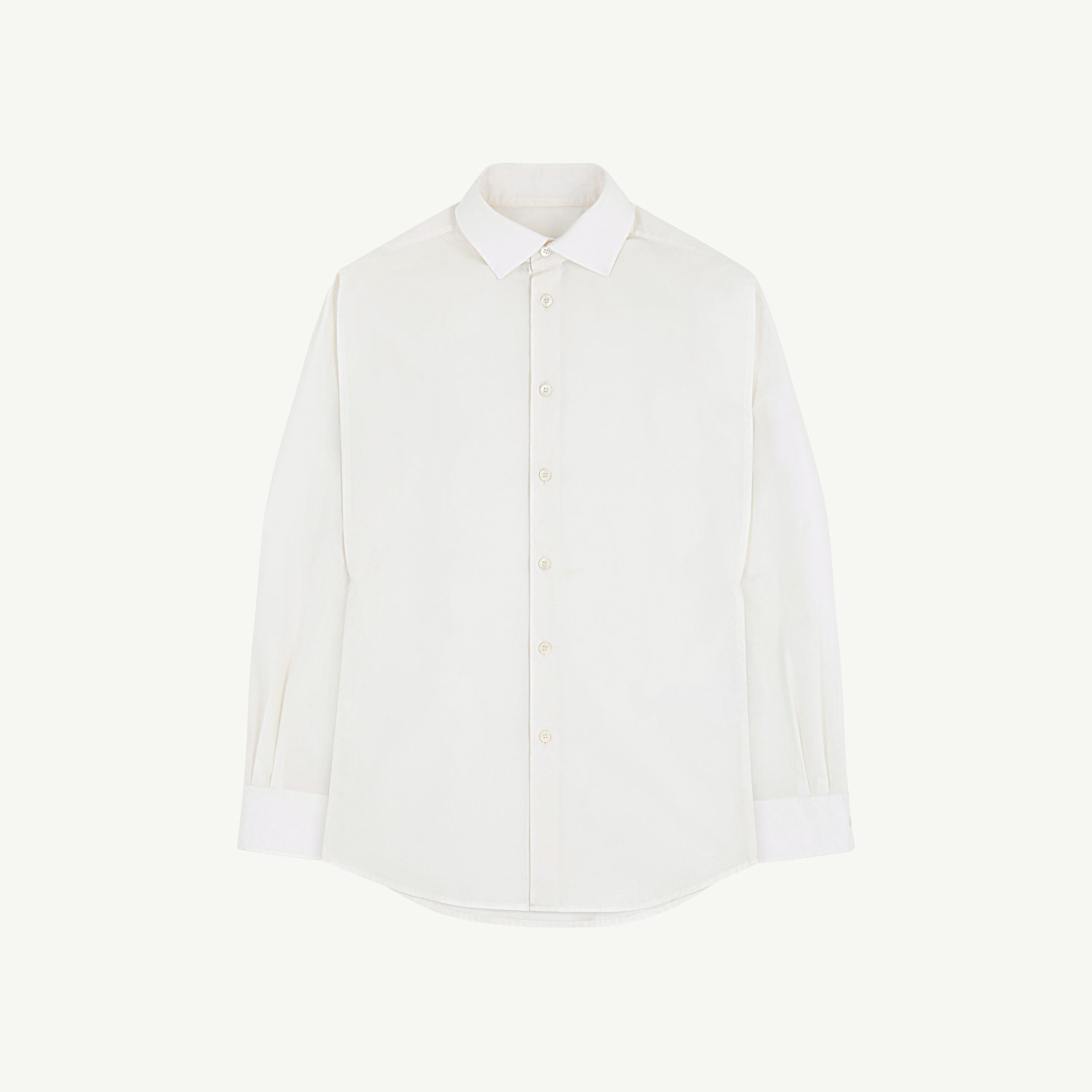 White button-down shirt displayed on a pale background, cropped at the chest area.
