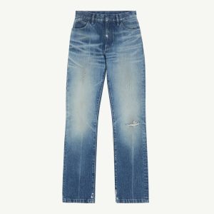 Pair of blue denim jeans with light fading and small rips, front view on a white background.