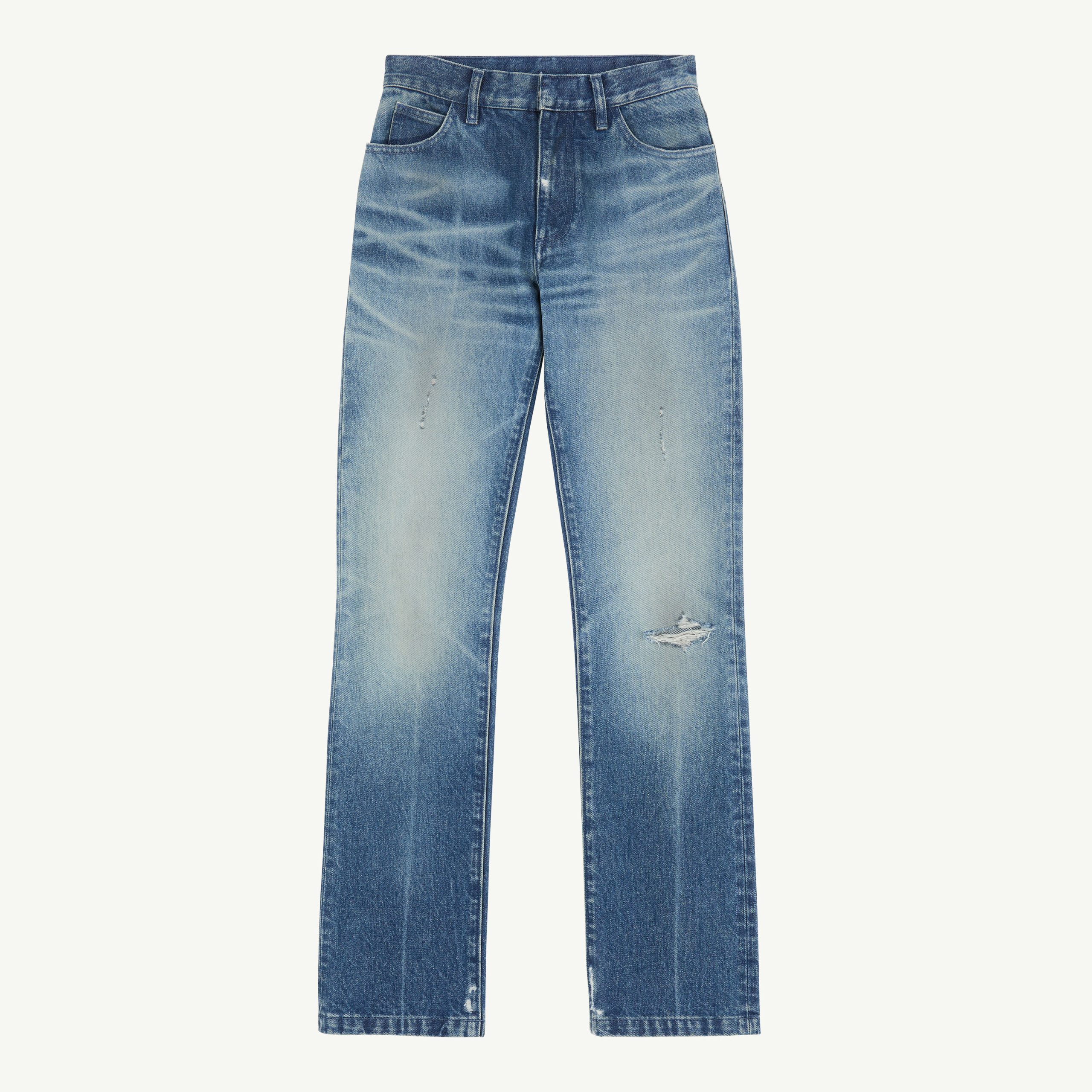 Pair of blue denim jeans with light fading and small rips, front view on a white background.