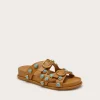 Tan leather sandals with multiple turquoise stone studs and gold rings across the straps, open-toe design.