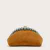 Brown suede handbag with turquoise bead trim along the top edge; Cult Gaia logo at the bottom edge.