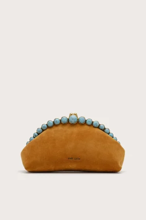 Brown suede handbag with turquoise bead trim along the top edge; Cult Gaia logo at the bottom edge.