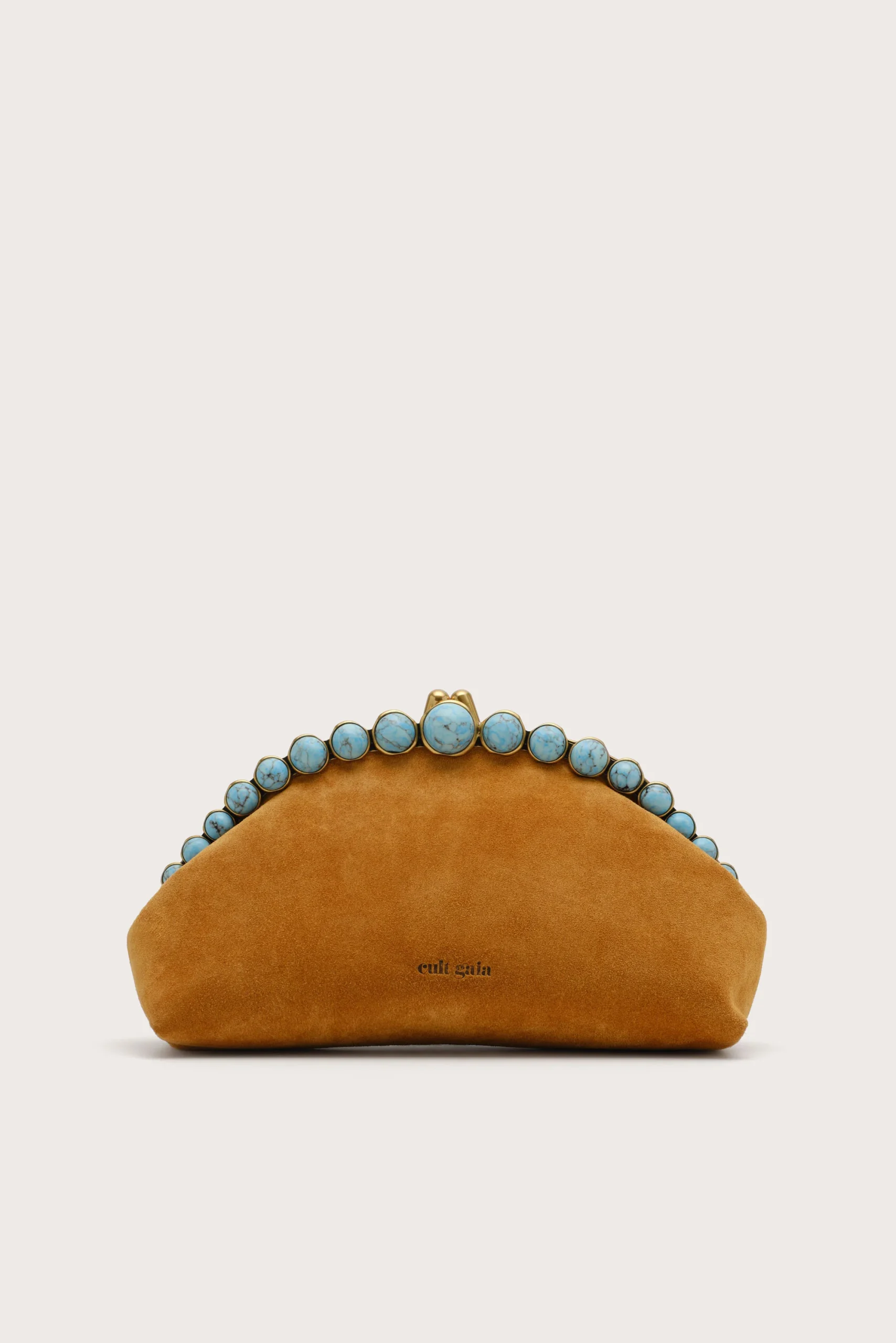 Brown suede handbag with turquoise bead trim along the top edge; Cult Gaia logo at the bottom edge.