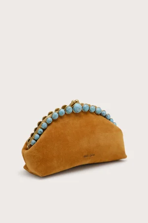 Brown suede clutch bag with turquoise bead trim along the top edge, shown at an angle.