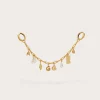 Gold-toned charm necklace with multiple dangling charms, suspended against a pale background.