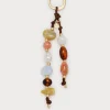 Golden ring clasp with brown cord and two strands of colorful beads hanging downward (beaded jewelry close-up).] ,