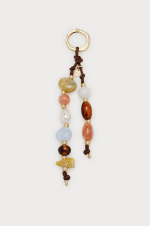 Golden ring clasp with brown cord and two strands of colorful beads hanging downward (beaded jewelry close-up).] ,