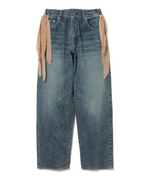 Wide-leg blue denim jeans with tan fabric ribbons tied at the belt loops, casual fashion styling.