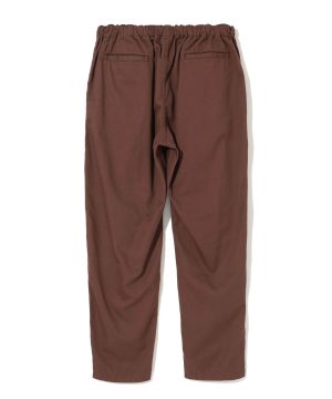 Back view of brown pants with an elastic waistband and two rear welt pockets.