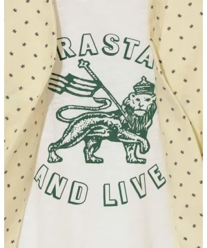 White T-shirt with green graphic of a crowned lion holding a flag; text 'RASTA' above and 'AND LIVE' below.