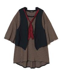 Layered children's outfit: striped brown dress with a black sleeveless vest and a red neckline accent on a plain background.