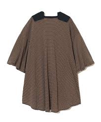 Brown striped poncho-style sweater with wide flowing sleeves and a dark collar detail.