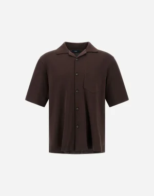 Brown short-sleeve button-down shirt with a left chest pocket, displayed on a plain background