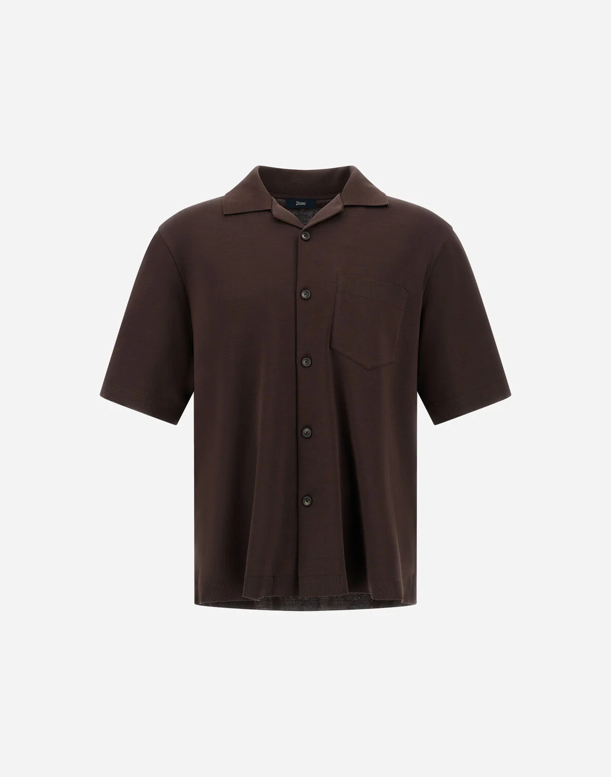 Brown short-sleeve button-down shirt with a left chest pocket, displayed on a plain background