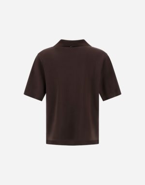 Back view of a dark brown short-sleeve polo shirt with a collar, plain back, and even hem.