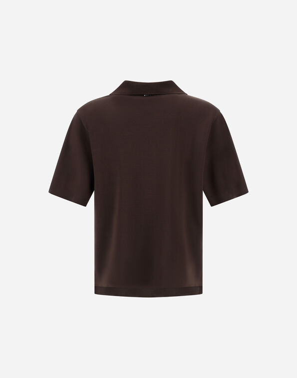 Back view of a dark brown short-sleeve polo shirt with a collar, plain back, and even hem.
