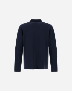 Navy blue long-sleeve top shown from the back with a simple collar and straight hem.