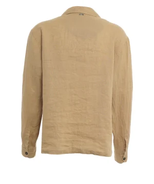 Back view of a tan long-sleeve button-down shirt with a collar. 2. Beige collared shirt viewed from the back with long sleeves. 3. Camel-colored shirt with buttons at the cuffs, shown from behind. 4. Tan linen/shirt fabric seen from the rear, plain design.
