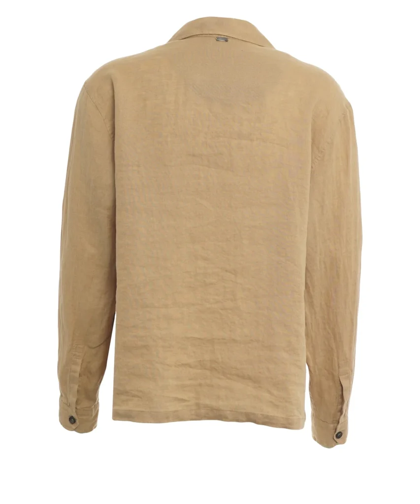 Back view of a tan long-sleeve button-down shirt with a collar. 2. Beige collared shirt viewed from the back with long sleeves. 3. Camel-colored shirt with buttons at the cuffs, shown from behind. 4. Tan linen/shirt fabric seen from the rear, plain design.