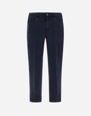 Dark navy pants with belt loops and front pockets, button-and-zip fly.