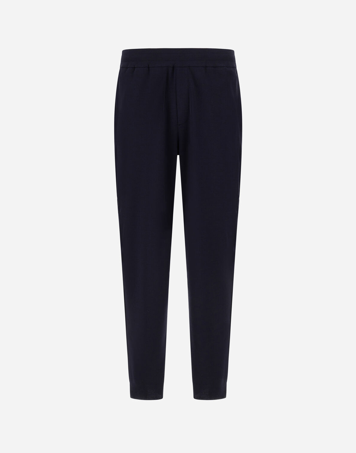 Front view of navy elastic-waist pants with a relaxed fit and tapered legs.