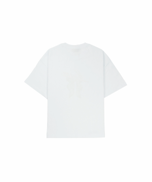 Back view of a white t-shirt with a faint palm-leaf design in the center