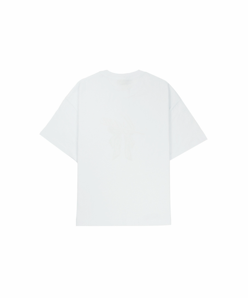 Back view of a white t-shirt with a faint palm-leaf design in the center