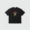 Black short-sleeve T-shirt featuring a red cursive logo above a yellow palm graphic on the front.