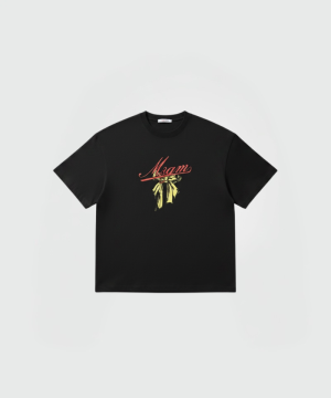 Black short-sleeve T-shirt featuring a red cursive logo above a yellow palm graphic on the front.