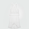 White dress with a studded bodice and a sheer, pleated skirt (sleeveless, spaghetti straps).