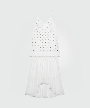 White dress with a studded bodice and a sheer, pleated skirt (sleeveless, spaghetti straps).