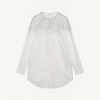 White button-down blouse with a sheer yoke across the shoulders and a chest pocket, long sleeves, rounded hem