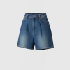 Front view of blue denim shorts with pockets, belt loops, and copper rivets, set against a light gray background.