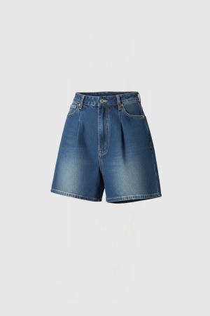 Front view of blue denim shorts with pockets, belt loops, and copper rivets, set against a light gray background.