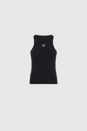 Front view of a black sleeveless athletic tank top with a small white circular logo on the chest area.