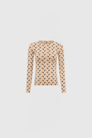 Beige long-sleeve top with a repeating black crescent pattern, shown from the neck to hips against a light background