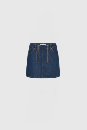 Blue denim mini skirt with centered front zippers and orange stitching, shown from the waist to mid-thigh against a light background.