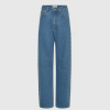 Full-length blue denim jeans with a subtle circle pattern along the outer leg seam.