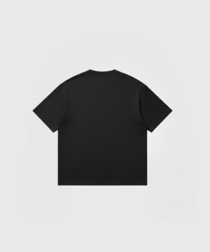 Back view of a plain black short-sleeve T-shirt on a light gray background.