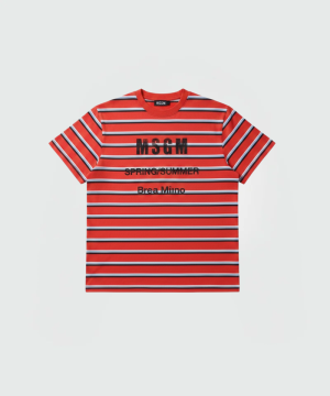 Red and white striped short-sleeve T-shirt with bold MSGM branding and 'SPRING/SUMMER' text on the chest