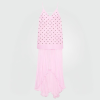 Pink sleeveless dress with a beaded bodice and a long, flowing fringe skirt.